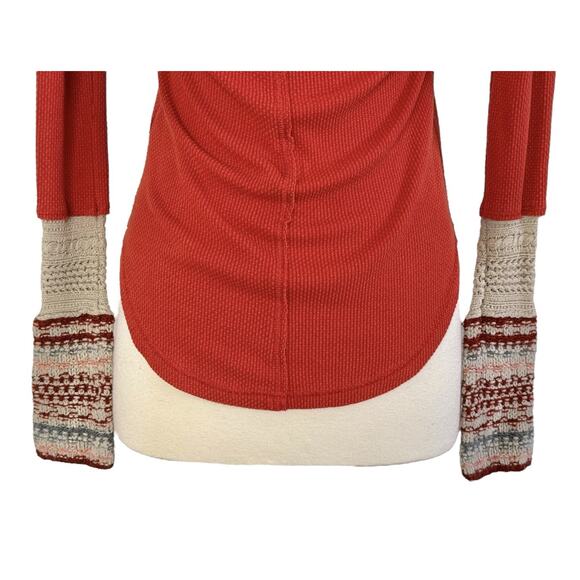 FREE PEOPLE Thermal Ski Lodge Top Orange Waffle Knit Crochet Cuffs Size Sz SP - Picture 8 of 11